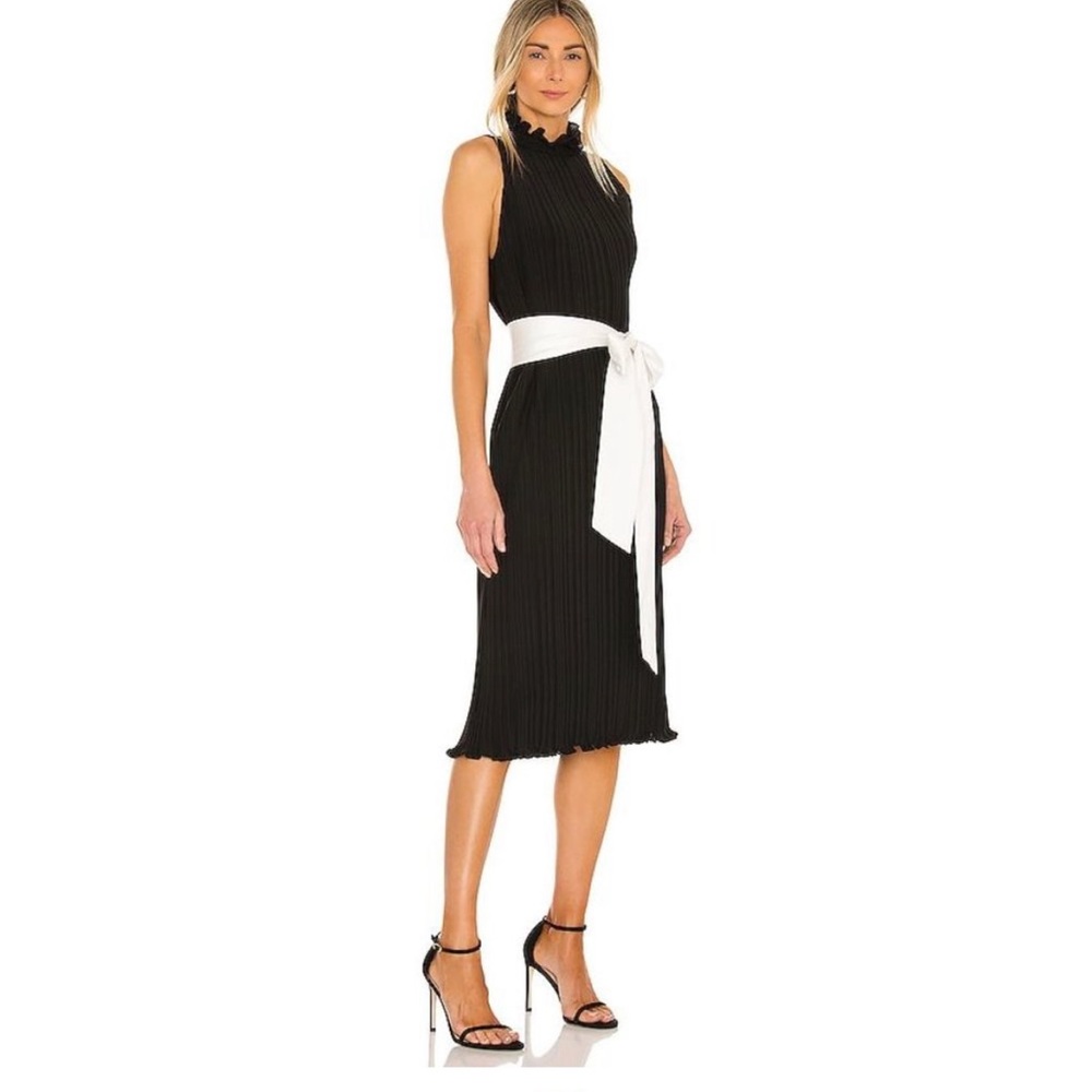 Alice and Olivia pleated mid length black dress with white satin scarf